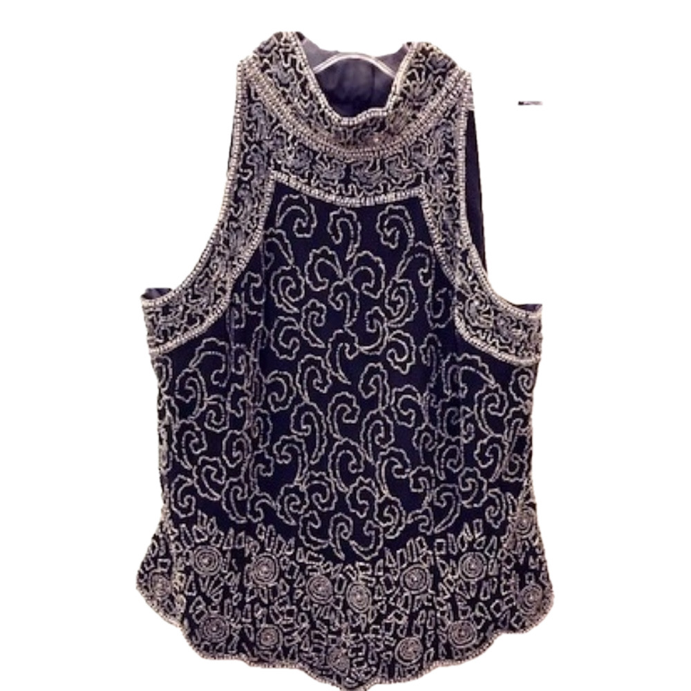 Papell Boutique Black Silk Beaded Halter Top